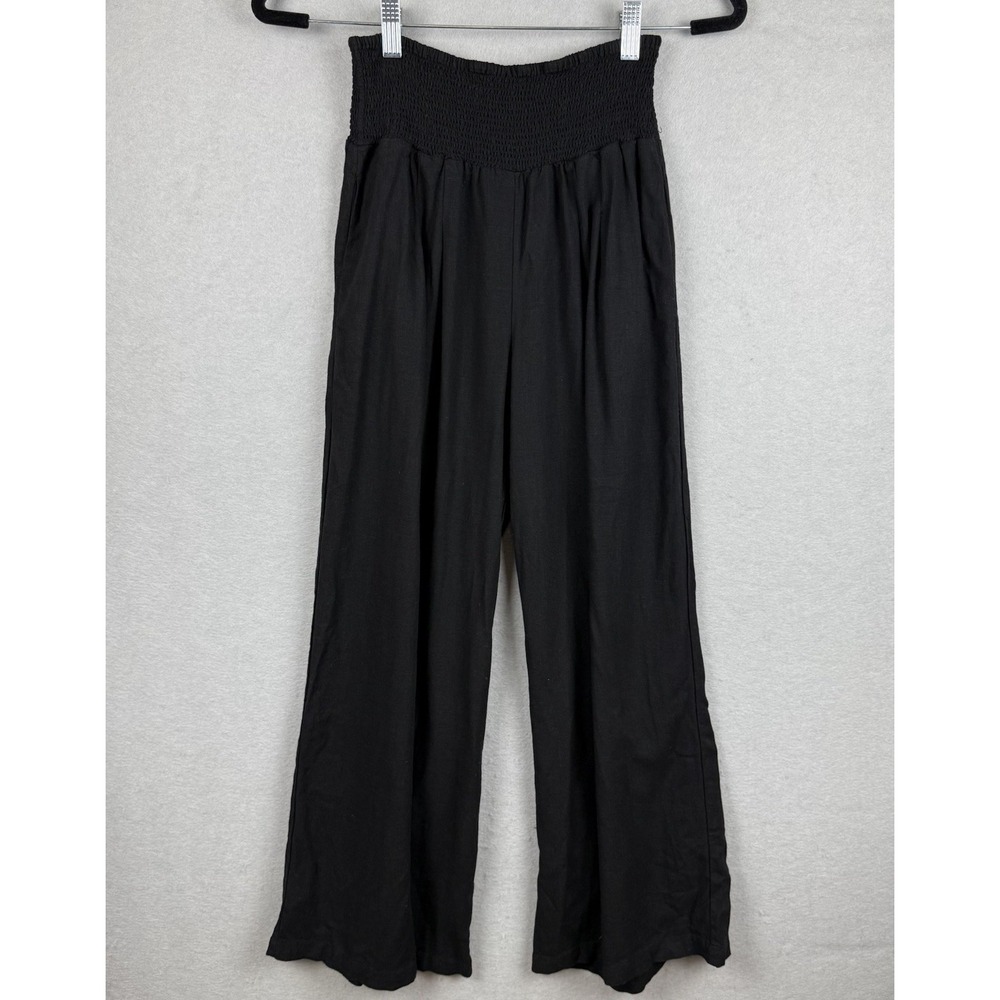 Baltic Born Parvati Smocked Waist Wide Leg Pleated Black Linen Blend Pants Sz M